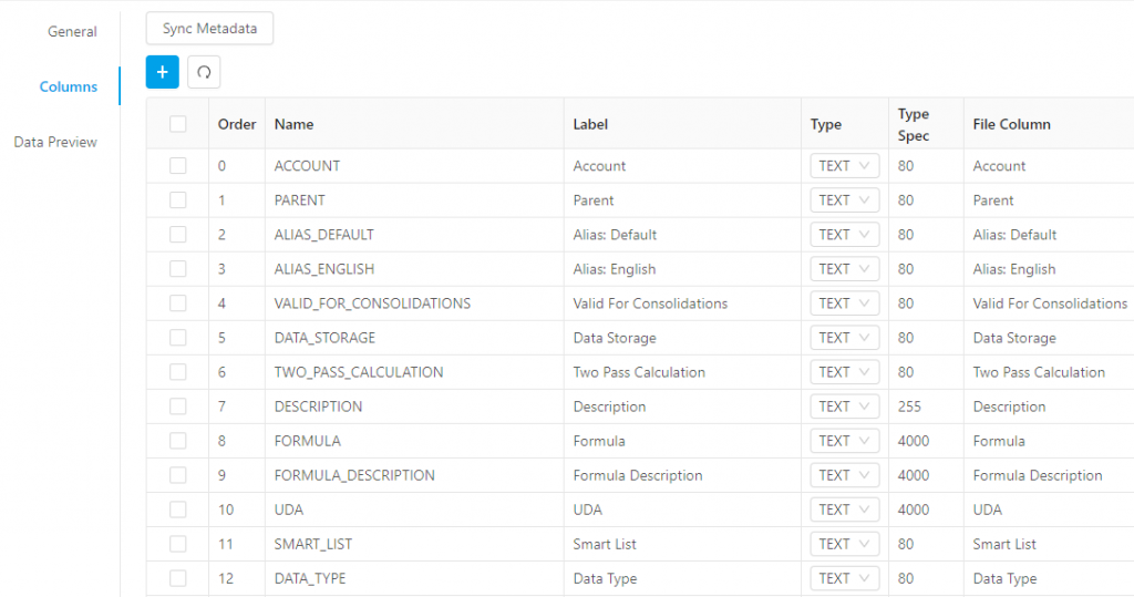 PBCS Metadata Resource - Account Attributes - ICE Cloud